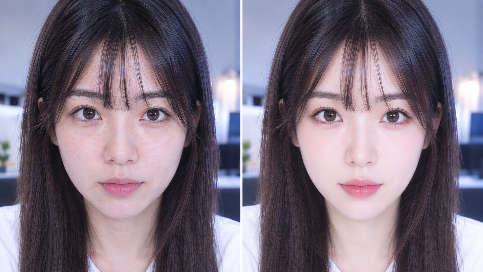 기본 카메라와 SkiinOBS 뷰티·피부 보정 적용 화면 비교